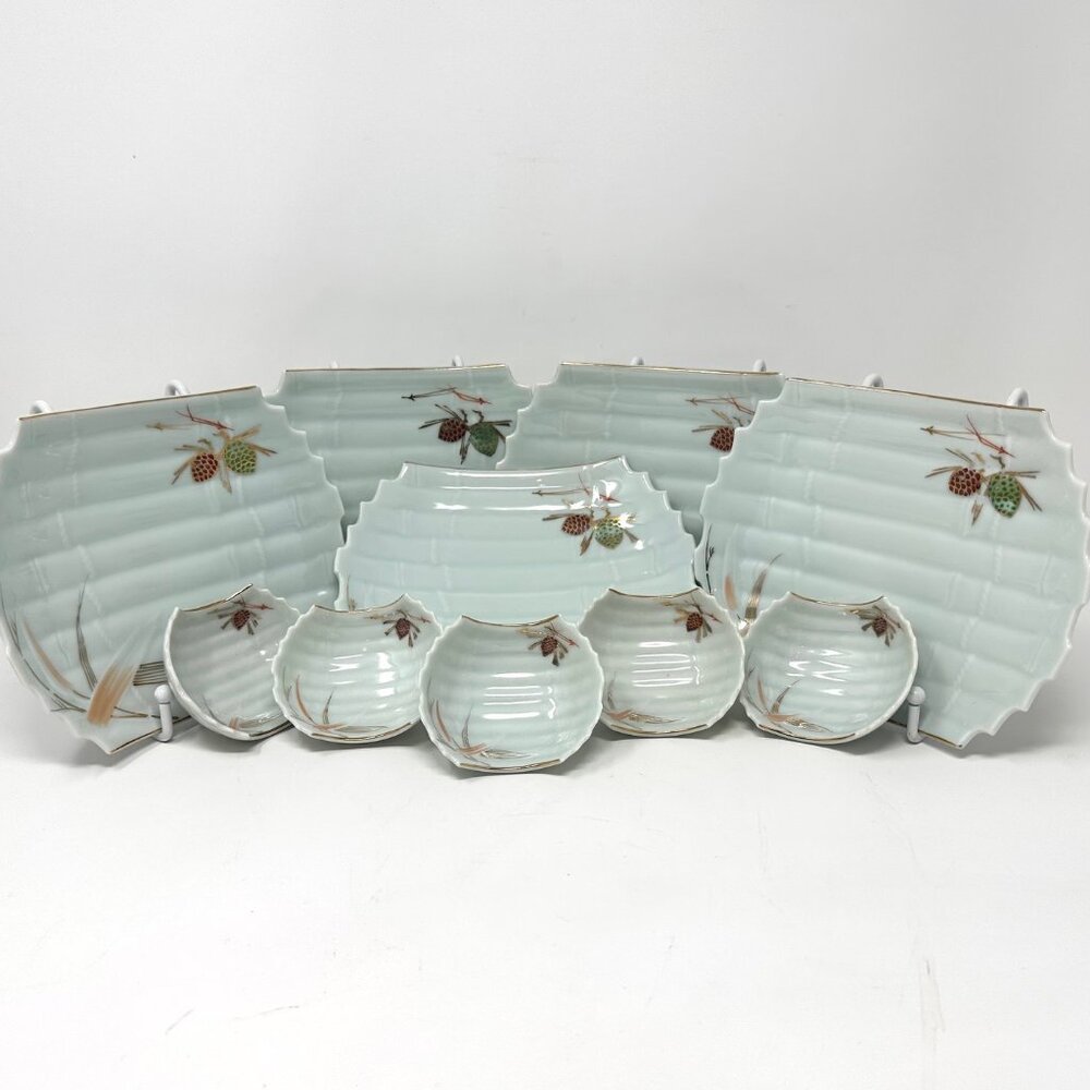 Vintage Set of Japanese Porcelain Sushi Plates and Dipping Bowl Set of 5